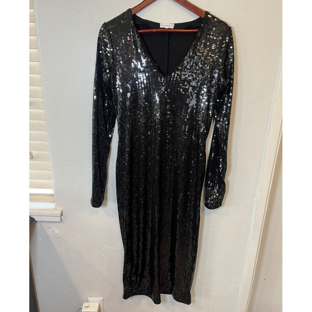 Good American Black Sequin V-Neck Midi Dress Long Sleeve GDW0130 Size 2 - Picture 2 of 11